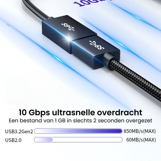 Zwarte gevlochten kabel met USB 3.2 Gen 2 connector en ultrasnelle gegevensoverdracht.