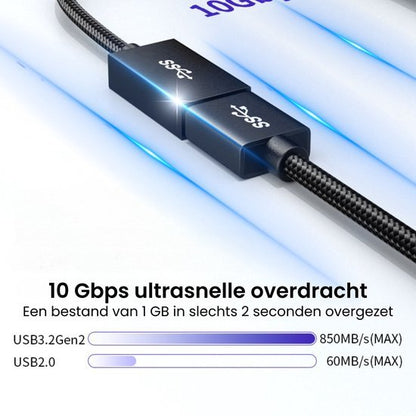 Zwarte gevlochten kabel met USB 3.2 Gen 2 connector en ultrasnelle gegevensoverdracht.