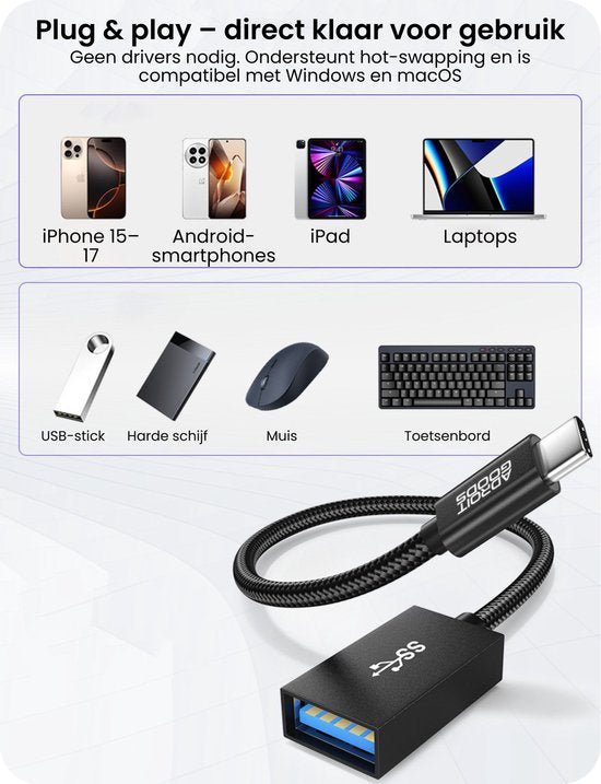 Zwarte usb-c naar usb 3.0 adapter kabel met compatibiliteit voor diverse apparaten en accessoires