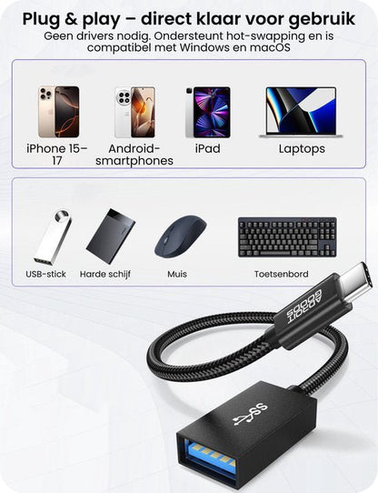 Zwarte usb-c naar usb 3.0 adapter kabel met compatibiliteit voor diverse apparaten en accessoires