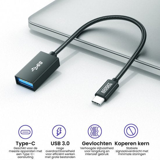Zwart gevlochten USB-C naar USB 3.0 adapterkabel met koperen kern voor stabiele verbinding