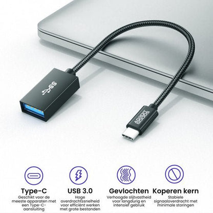 Zwart gevlochten USB-C naar USB 3.0 adapterkabel met koperen kern voor stabiele verbinding