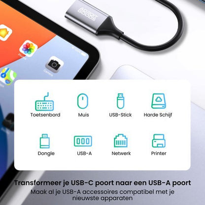 USB-C naar USB-A adapter van AdroitGoods met iconen voor toetsenbord, muis, printer en netwerk verbindingen.