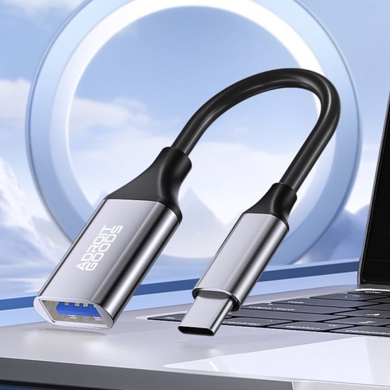 Zilverkleurige USB-C naar USB-A adapterkabel aangesloten op een laptop met blauwe lucht op de achtergrond