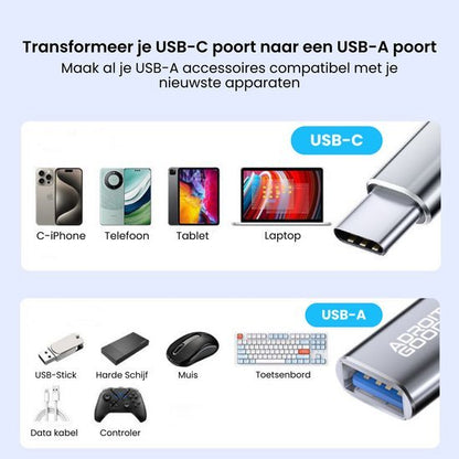 Illustratie van USB-C naar USB-A adapter met compatibele apparaten en accessoires overzicht