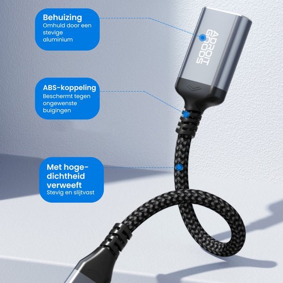 Zwart gevlochten kabel met aluminium behuizing en ABS-koppeling voor bescherming tegen buigen