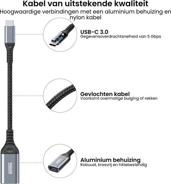 Zwarte USB-C kabel met gevlochten nylon, aluminium behuizing en hoge datasnelheid van 5 Gbps