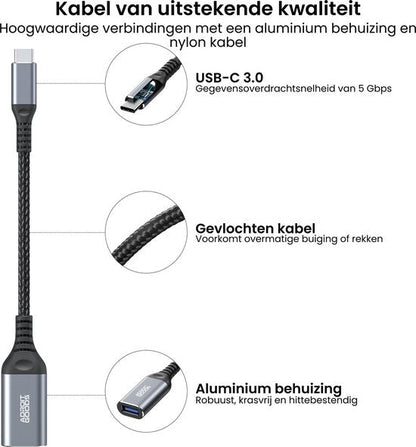 Zwarte USB-C kabel met gevlochten nylon, aluminium behuizing en hoge datasnelheid van 5 Gbps