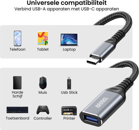 USB-C naar USB-A kabel met gevlochten omhulsel voor diverse apparaten zoals telefoon en laptop.