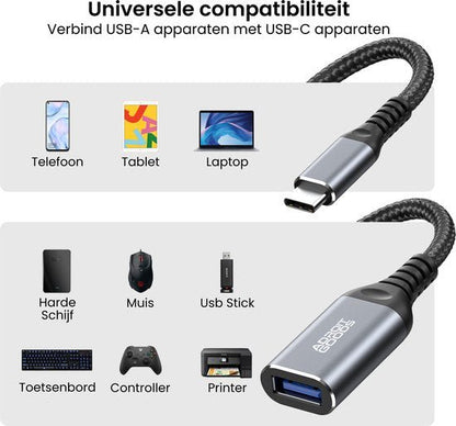 USB-C naar USB-A kabel met gevlochten omhulsel voor diverse apparaten zoals telefoon en laptop.