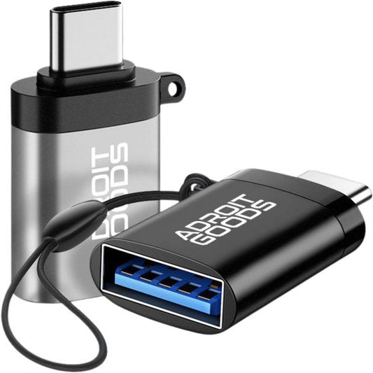 Twee zwarte en zilveren USB-C naar USB 3.0 adapters met AdroitGoods logo en draagkoordje