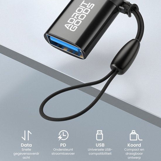 Zwarte USB-adapter met blauwe aansluiting en draagkoord voor snelle gegevensoverdracht