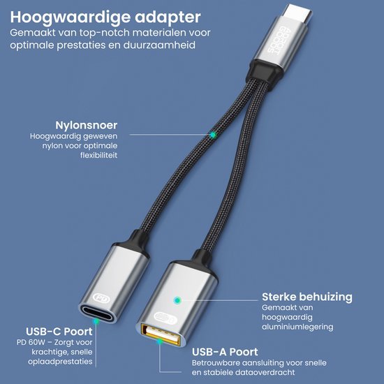 Adapter met USB-C en USB-A poorten, nylon omhulsel en aluminium behuizing