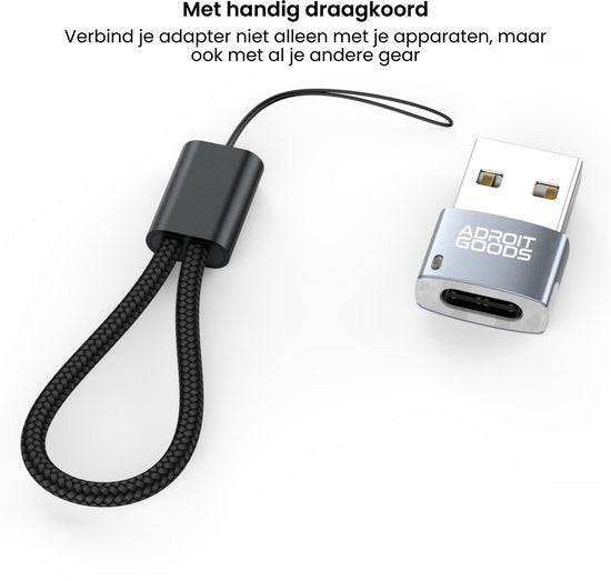 Zilverkleurige USB-adapter met zwart draagkoord voor eenvoudig meenemen en verbinden.