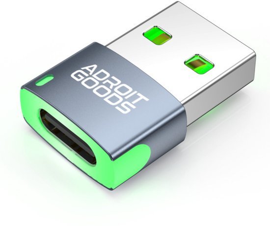 compact zilvergroene usb-adapter met groene accenten en merknaam op witte achtergrond