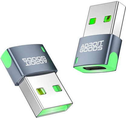 twee compacte usb-adapters met metalen behuizing en groene accenten van AdroitGoods