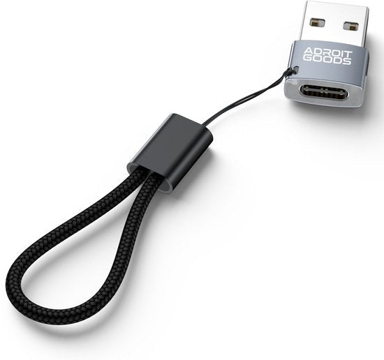 Adapter met USB-connector en klein draagkoord in zwart voor eenvoudig gebruik en meenemen