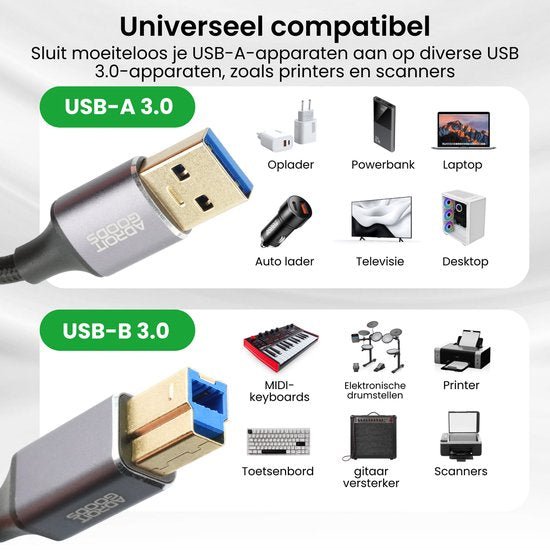 USB-A en USB-B 3.0 kabels met compatibiliteit voor diverse apparaten zoals laptop en printer