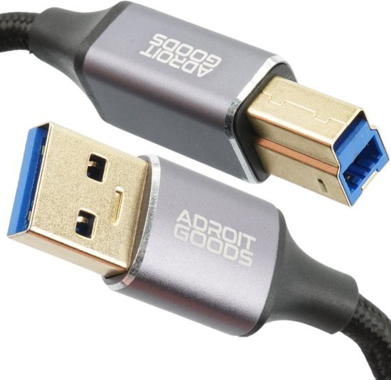 Zwarte USB-kabel met metalen AdroitGoods connectoren en blauwe accenten voor snelle verbinding
