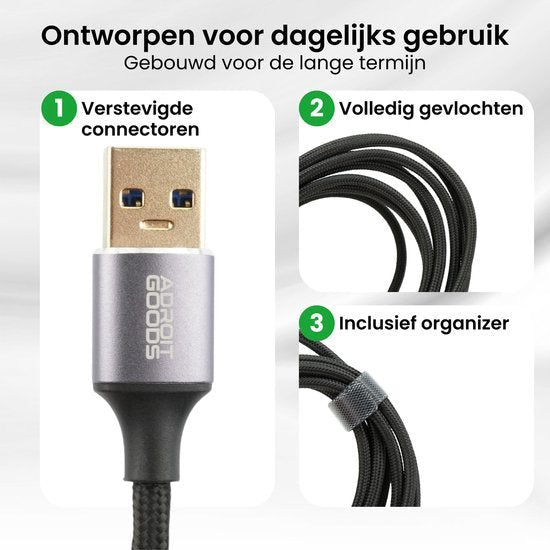 USB-kabel met gevlochten draad, versterkte connectoren en georganiseerde kabelbinder in zwart