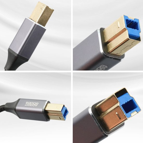 Close-up afbeeldingen van een USB-kabel met metalen en blauwe connectoren van verschillende hoeken