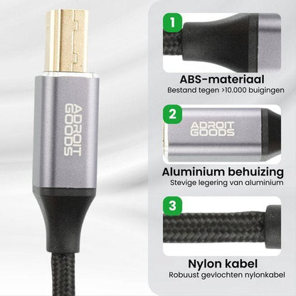 Close-up van een kabelconnector met aluminium behuizing en robuust gevlochten nylon kabel