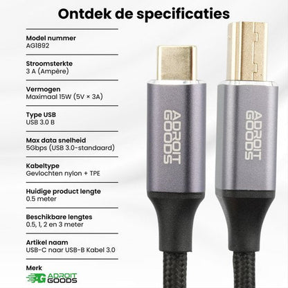 USB-C naar USB-B kabel met gevlochten nylon en AdroitGoods merklogo zichtbaar