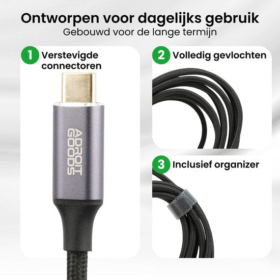 Duurzame USB-C kabel met versterkte connectoren, gevlochten design en organizer bandje