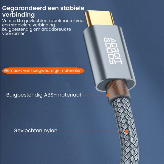 USB-C-kabel met gevlochten nylon en buigbestendig ABS-materiaal voor extra duurzaamheid