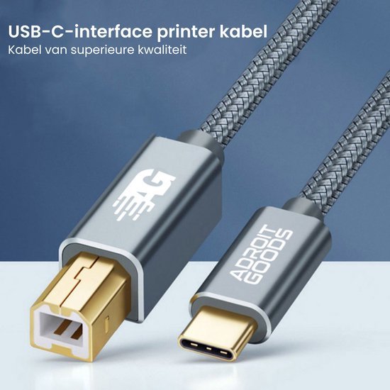 Duurzame USB-C kabel met metalen behuizing en gevlochten kabel voor printerverbinding