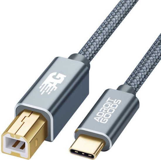 Grijs gevlochten USB-C naar USB-B printerkabel met metalen connectors van AdroitGoods