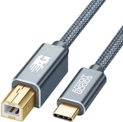 Grijs gevlochten USB-C naar USB-B printerkabel met metalen connectors van AdroitGoods