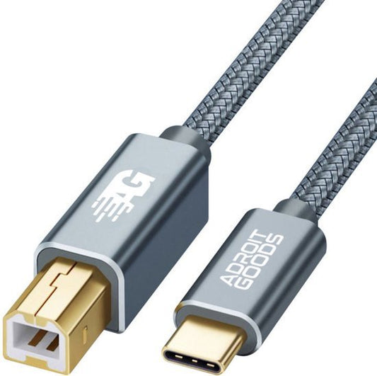 Grijs gevlochten USB-C naar USB-B printerkabel met metalen connectors van AdroitGoods