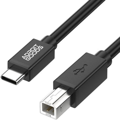 Zwarte kabel met USB Type-C en USB Type-B connectoren voor gegevensoverdracht
