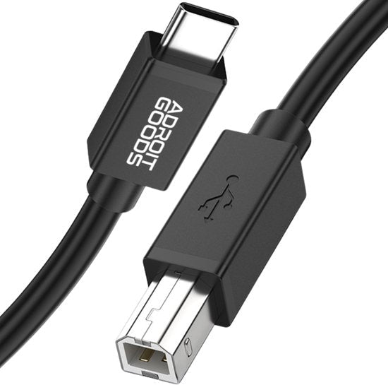 Zwarte kabel met USB-C en USB-B connectoren, duidelijke merknaam gedrukt op USB-C aansluiting