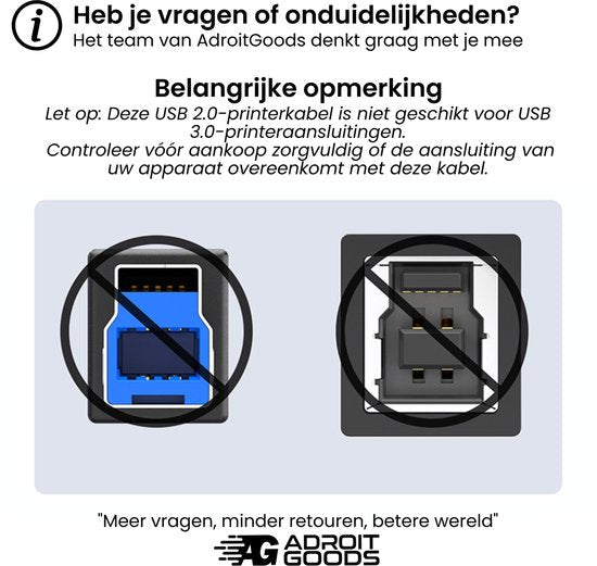 Waarschuwingsafbeelding met USB 2.0-printerkabel en niet-compatibele USB 3.0 poorten.
