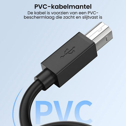 Zwarte USB-kabel met een zachte en slijtvast PVC-kabelmantel tegen beschadiging.