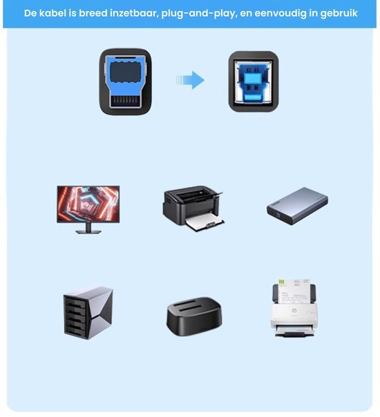 Afbeelding toont veelzijdige kabelverbinding met verschillende elektronische apparaten en printeropties.