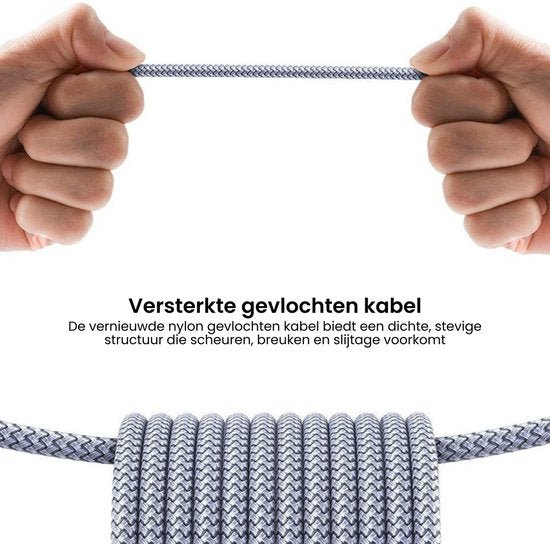 Twee handen trekken aan een stevig gevlochten nylon kabel met een dichte structuur.