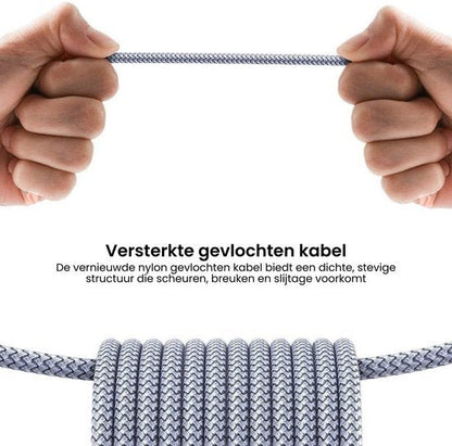 Twee handen trekken aan een stevig gevlochten nylon kabel met een dichte structuur.