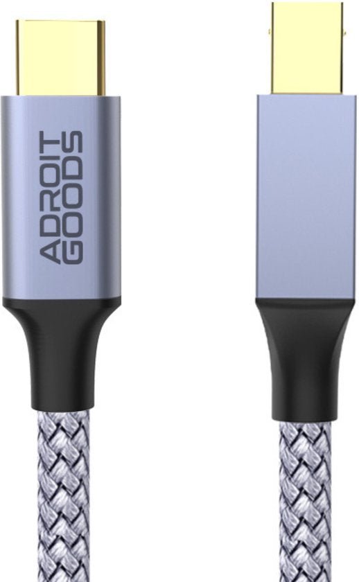 USB-C kabel met gevlochten grijze buitenkant en metalen connectoren van AdroitGoods