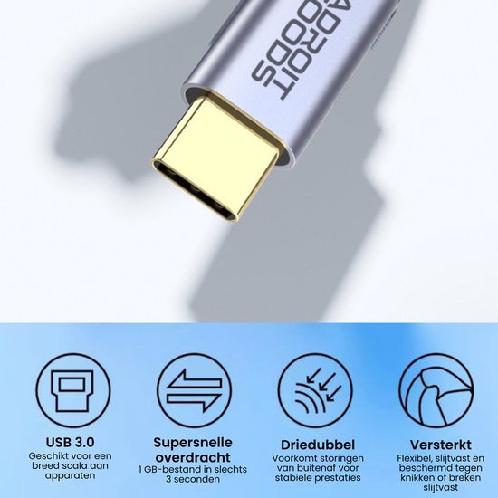 Zilverkleurige USB-C kabel met kenmerken zoals supersnelle overdracht en versterkte bescherming tegen breuk.