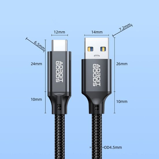 Zwarte gevlochten kabel met USB-A en USB-C connectoren en afmetingen in millimeters zichtbaar