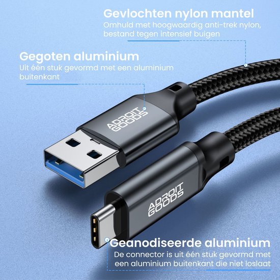 Zwarte gevlochten nylon kabel met geanodiseerde aluminium USB en USB-C connectoren van AdroitGoods