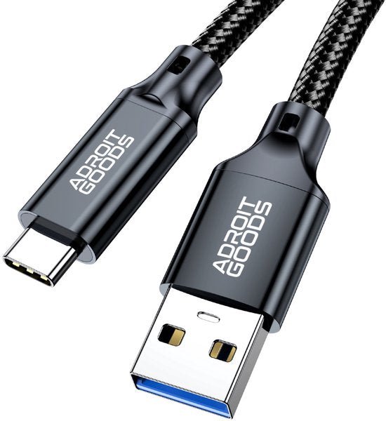 Zwart gevlochten datakabel met USB-C en USB-A connectoren van AdroitGoods