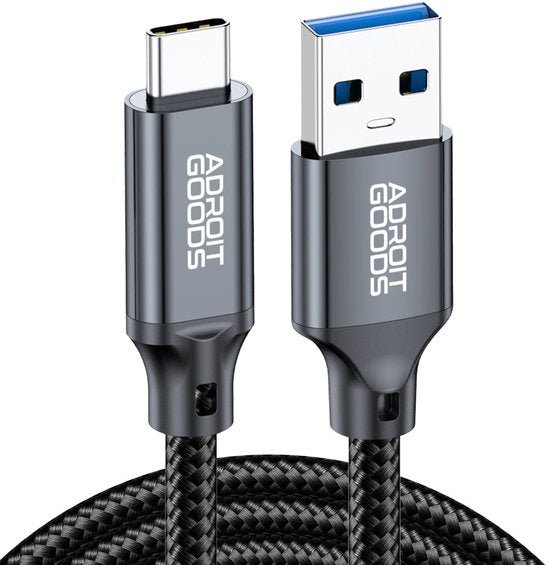 usb naar usb-c kabel met gevlochten zwarte hoes en merklogo adroit goods