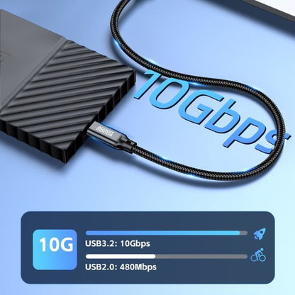 Zwarte externe harde schijf met USB-kabel en 10 Gbps overdrachtssnelheid illustratie.