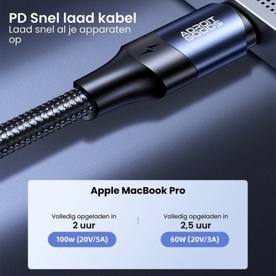 Duurzame snelle laadkabel met gevlochten ontwerp en AdroitGoods logo, aangesloten op laptoppoort