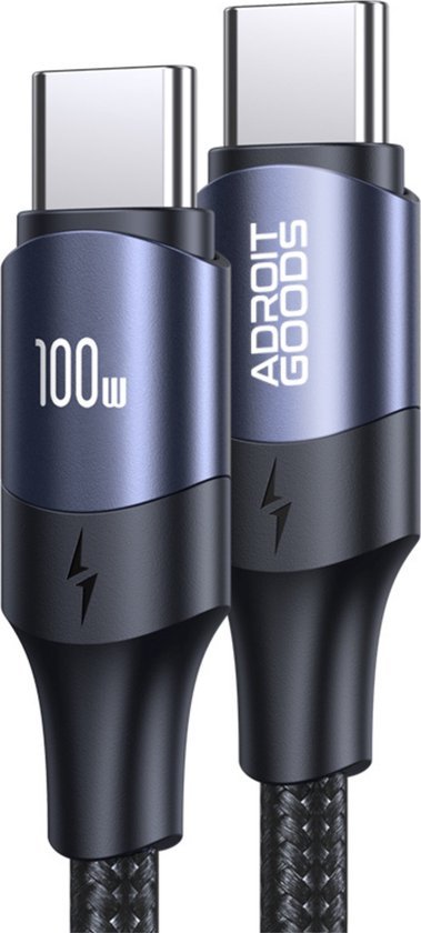 Twee blauwe AdroitGoods USB-C kabels met 100W vermogen en gevlochten zwarte omhulsel.