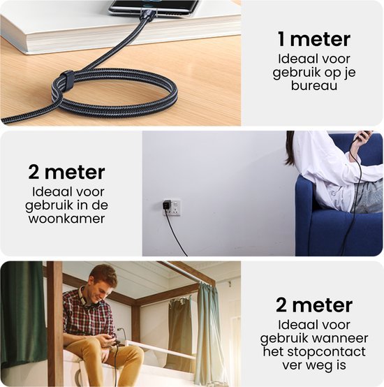 Zwarte kabel verbonden met laptop, gebruikt op bureau, woonkamer en bedomgeving.